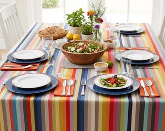 Multicolor Stripe Cotton Tablecloth – Modern Retro Dining Decor