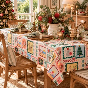 May include: A rectangular tablecloth featuring a repeating pattern of colourful postage stamp-style illustrations, including images of a koala with a gift, a kangaroo, a beach scene, and a Christmas tree, set against a light background with floral accents.