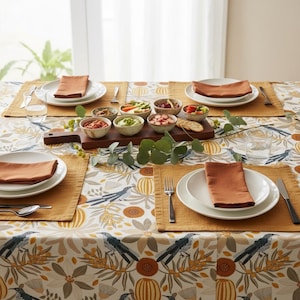 Könnte beinhalten: Ein gedeckter Esstisch mit weißen Tellern, rostfarbenen Servietten und goldenen Platzsets. Ein Holzservierbrett hält kleine Schalen mit Essen. Die Tischdecke hat ein Blumen- und Vogelmuster.