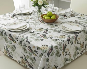 Mantel de lona de algodón con estampado botánico de aviario para comedor