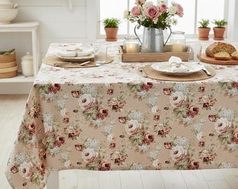 Astoria Roses Baumwolle Canvas Tischdecke - Vintage Cottagecore Tischwäsche