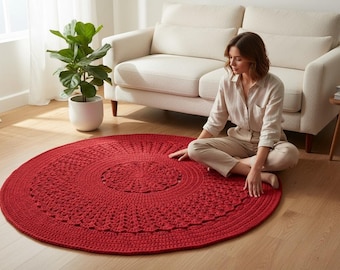 Cranberry Red Crochet Rug, Round Cotton Lace Rug, Handmade in Australia