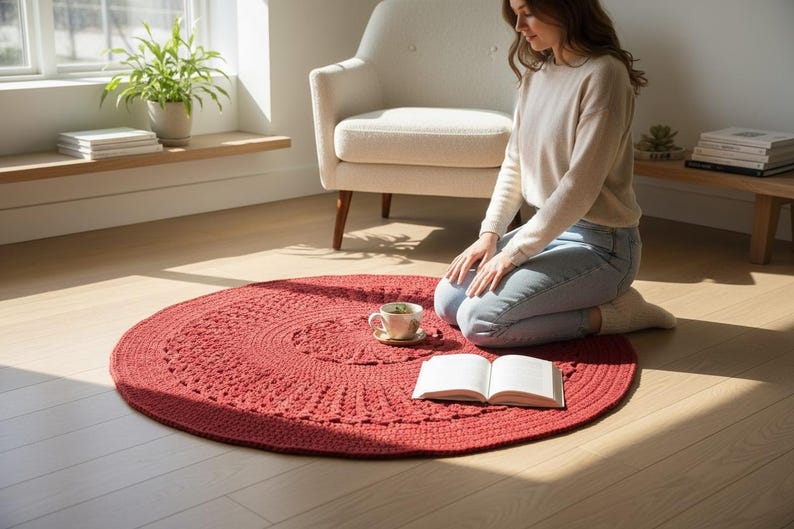 Sit On Rug Button Rug Cranberry Red Crochet Rug, Round Cotton Lace Rug, Handmade in Australia ...