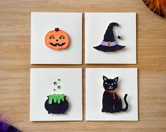 Handmade Halloween 2x2 Mini Note Card Set of 4: Blank Inside, with Envelopes