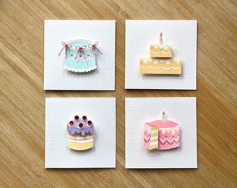 Handmade Birthday Cake 2x2 Mini Note Card Set of 4: Blank Inside, with Envelopes
