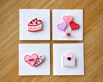 Handmade Valentine's Day 2x2 Mini Note Card Set of 4: Blank Inside, with Envelopes