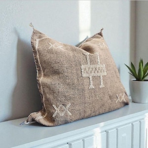 Brown Vintage Kilim Pillow Cover, Moroccan Cactus Silk, Cottage Neutral Pillow Set | Sage Green Plaid & Botanical Cushions