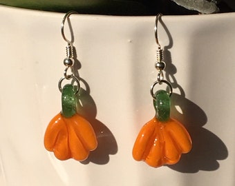 Glass Pumpkins Hand Blown, Dangle Earring, Halloween jewelry, trending now, one of a kind, festive gift for her, pumpkin jewelry for friend