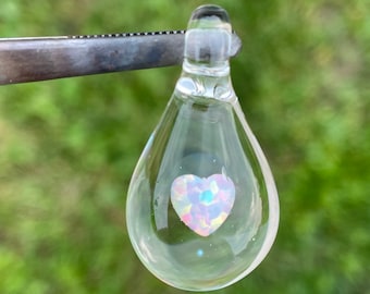 Blown Glass Teardrop Necklace: Opal Heart Pendant, Mystical Jewelry