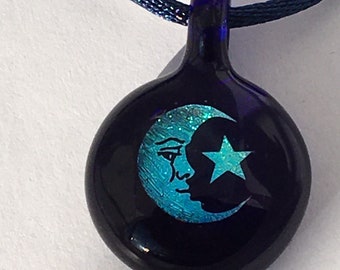 Blown Glass Moon and Star Pendant: Dichroic Celestial Necklace