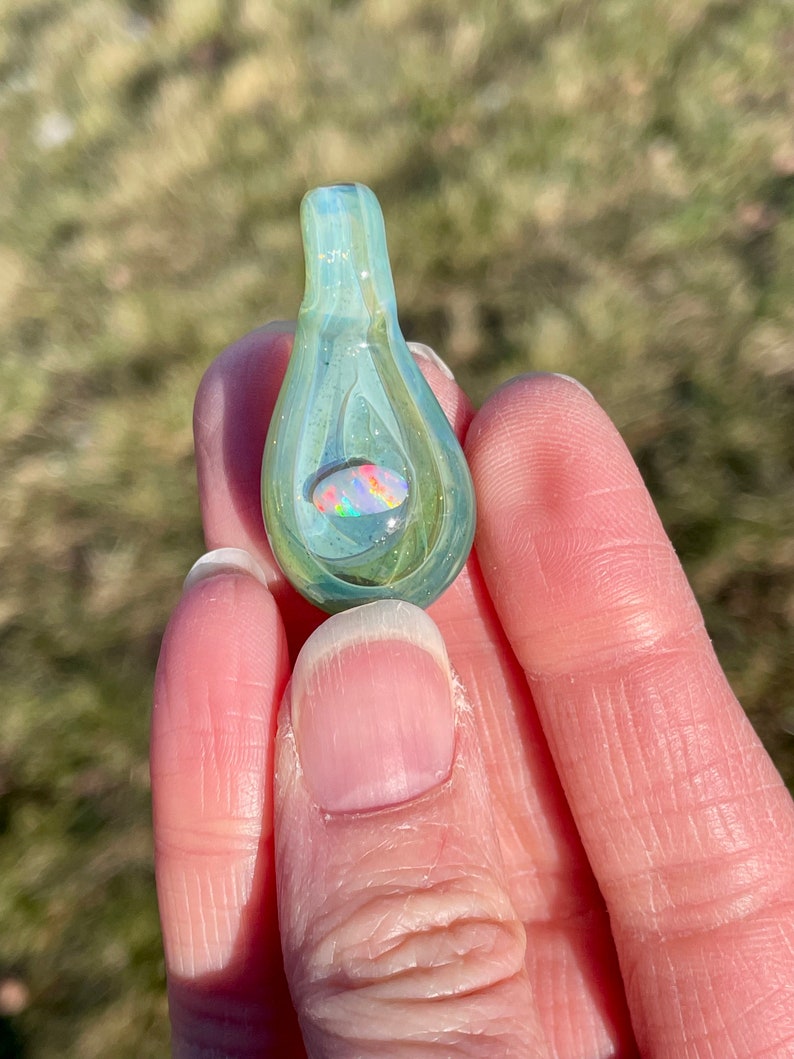 Small Glass Opal Pendant, Petite Green Necklace, Birthday Gift for Her