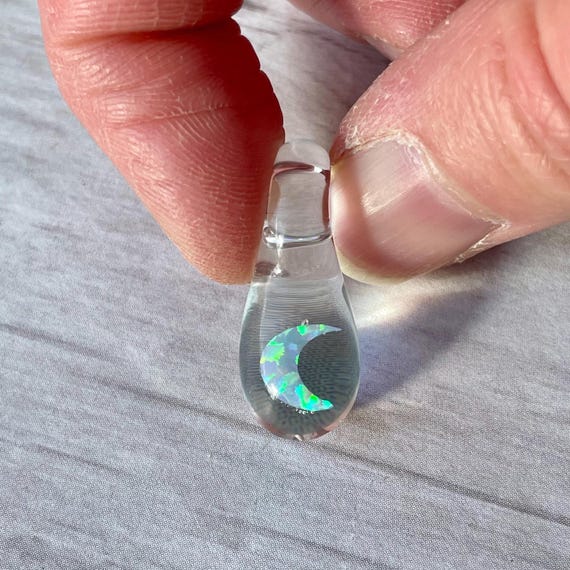 Blown Glass Teardrop Necklace: Opal Moon Pendant, Mystical Jewelry