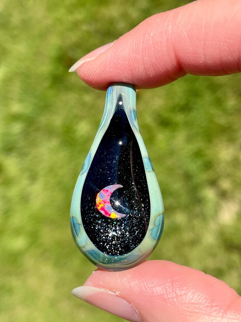 Moon Crystal Pendant, Blown Glass Opal Pendant Necklace for Women