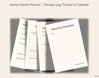 Może przedstawiać: Stos kremowych stron planera z tekstem "Autism Parent Planner - Therapy Log, Tracker & Calendar". Strony zawierają sekcje dla dzienników terapii, trackerów i miesięcznego przeglądu. Na dole wydrukowano "The Autism Mom".