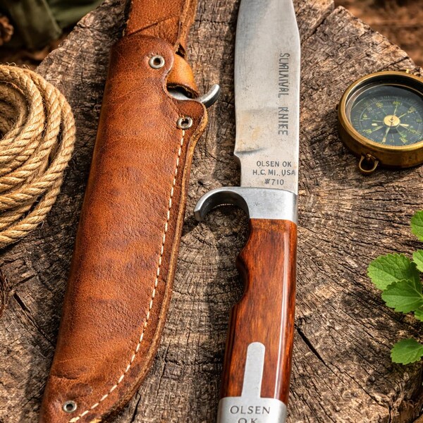 Vintage Olsen OK Survival Knife #710 – USA Made – Wood Handle – Leather Sheath