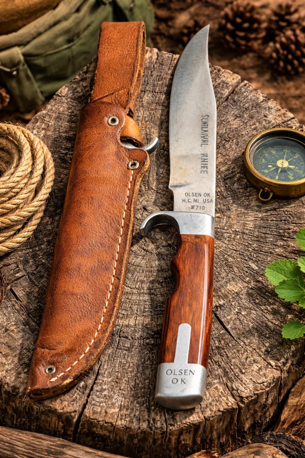 Vintage Olsen OK Survival Knife #710 – USA Made – Wood Handle