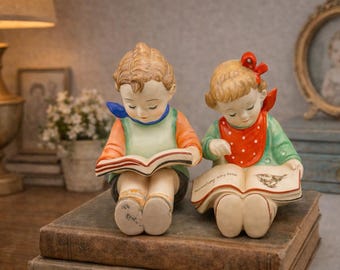 Vintage Hand-Painted Ceramic Book Reader Figurines – Storybook Decor
