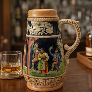 Vintage German Beer Stein – Relief Scene with Musicians & Dancers – Stoneware Stein – German Script – Traditional Folk Art