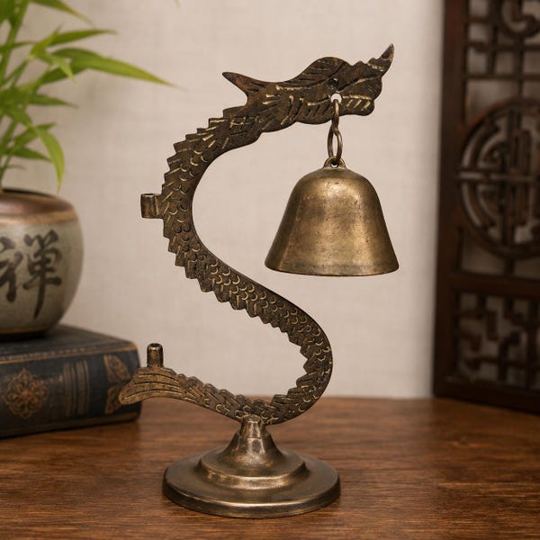 Vintage Brass Dragon Bell Statue | Asian Desk Decor, Feng Shui Accent