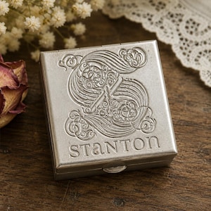 Vintage Stanton Monogrammed Metal Pill Box – Silver Tone Hinged Keepsake Vanity Case
