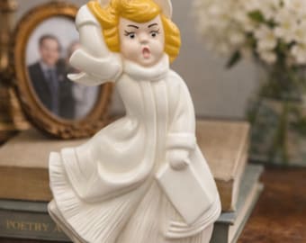 Vintage Windy Day Girl Ceramic Figurine – Mid-Century Whimsical Decor