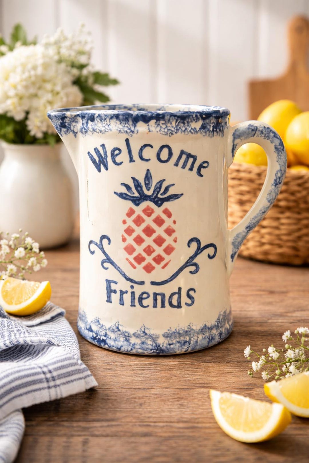 Wellcome Pitcher Vintage Spongeware Pitcher | Blue Cream Pineapple Welcome Friends ...