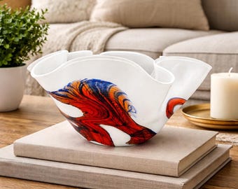Cuenco con volantes de vidrio artístico de estudio vintage / Centro de mesa con espirales soplados a mano