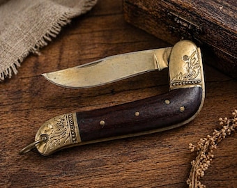 Vintage Brass Wood Handle Folding Pocket Knife – Rustic Engraved Camp Knife