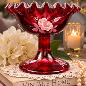 Fenton Ruby Red Hand-Painted Compote, Signed Diane Johnson Floral Glass Dish