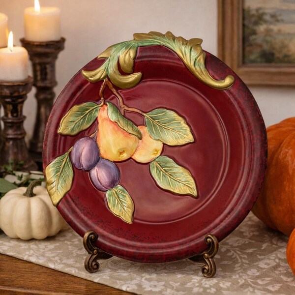 Fitz and Floyd Renaissance Plate | Burgundy Pear Plum Fruit Relief Wall Decor