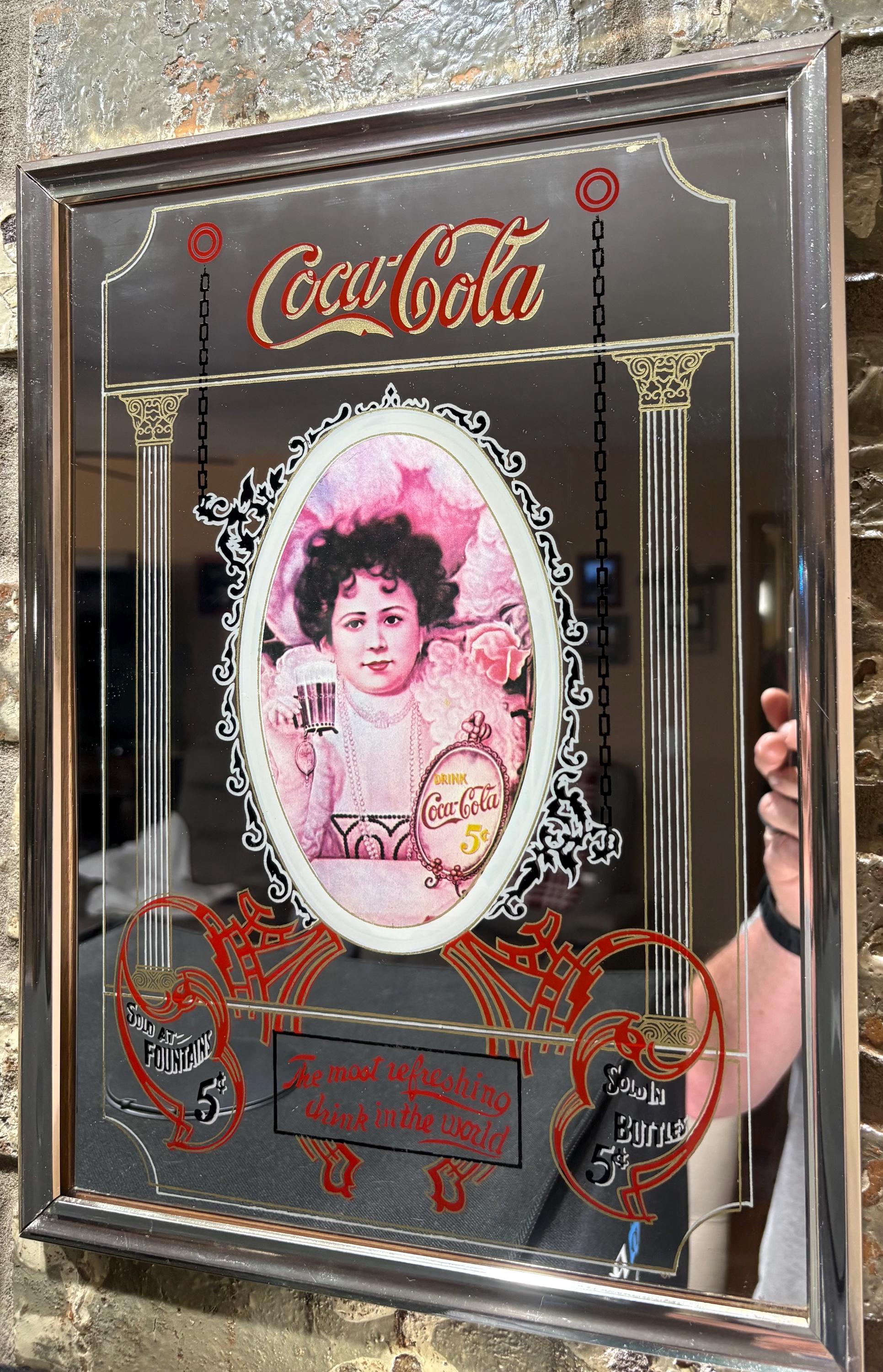 Vintage Coca-cola Reverse Painted Glass Bar Mirror (c. 1970s–1980s