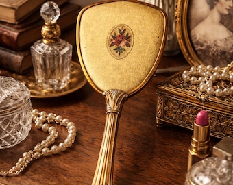 Vintage Gold Tone Hand Mirror: Petit Point Floral Back, Hollywood Regency Vanity Mirror