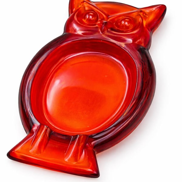 Vintage Red Owl Glass Dish | Mid Century Viking Amberina Bowl, Halloween Decor