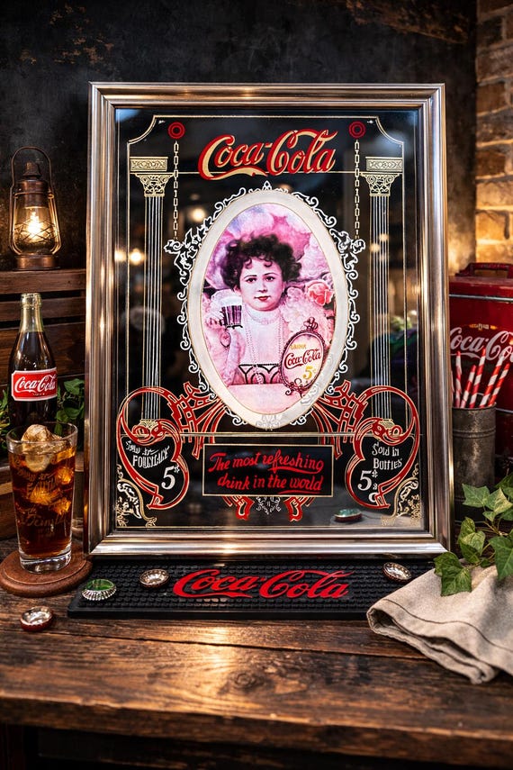 Coke Refresh ミラー Vintage Coca-cola Reverse Painted Glass Bar Mirror (c. 1970s–1980s