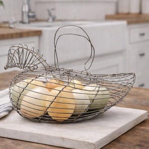 Vintage Wire Chicken Egg Basket with Faux Eggs | Farmhouse Kitchen Decor | Rustic Country Style