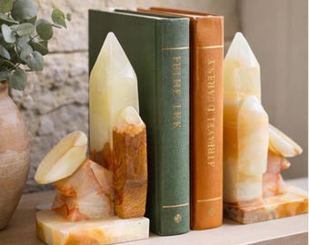 Hand-Carved Onyx Stone Bookends • Mid-Century Modern Desk Decor