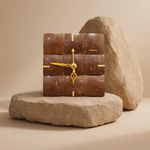May include: Square brown clock with gold hands and accents. The clock face is made of small, square, textured pieces. The clock is displayed on a large, flat, light-coloured stone, with a larger stone behind it.