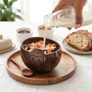 以下が含まれることがあります： 猿の顔のデザインの木製のボウルには、グラノーラとドライフルーツが入っています。牛乳がガラス瓶から注がれています。ボウルは木のスプーンが付いた木のトレイに置かれています。スライスしたパンとジャムの小さな皿も存在します。