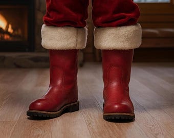 Santa Claus Winter Snow Footwear for Men: Handmade Red Leather Shearling Boots