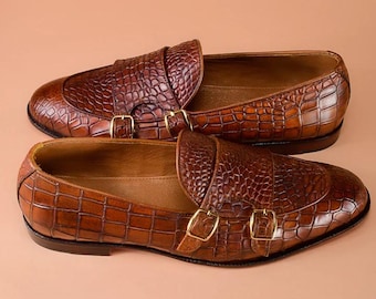 Men’s Crocodile Embossed Leather Loafers – Handmade Double Monk Strap Dress Shoes–Formal Shoes