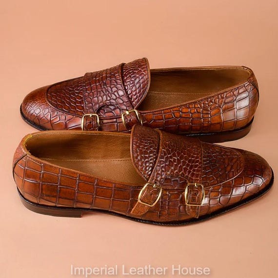 Men’s Crocodile Embossed Leather Loafers – Handmade Double Monk Strap Dress Shoes–Formal Shoes