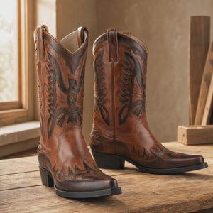 May include: A pair of mid-calf cowboy boots crafted from brown leather with a burnished finish. The boots feature dark brown stitched eagle motifs on the shafts, pointed toes, stacked heels, and pull tabs at the top of the collars for easy wear.