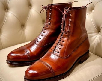 Botines de cuero marrón para hombre – Zapatos de vestir con cordones hechos a mano, estilo vintage con puntera reforzada.