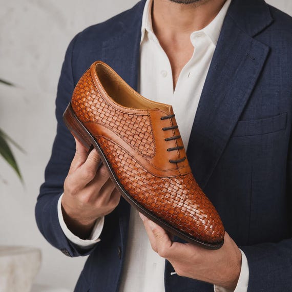Woven Leather Dress Shoes Men – Handmade Oxford Lace Up, Elegant Wedding & Office Shoes