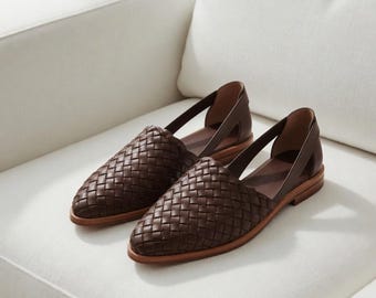 Handmade Woven Leather Flats for Women – Braided Slip On Shoes – Elegant Summer Sandals