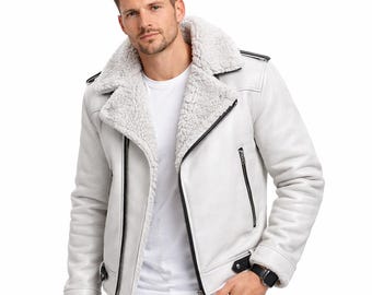 Chaqueta de piel de oveja blanca para hombre – Abrigo de aviador de invierno hecho a mano – Chaqueta de motociclista con forro de piel