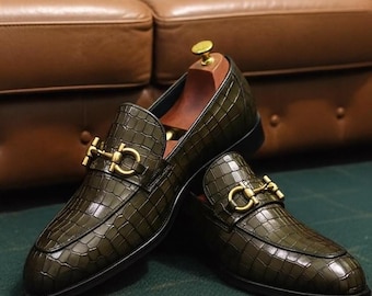 Men’s Crocodile Embossed Leather Loafers – Handmade Horsebit Dress Shoes – Luxury Formal Footwear