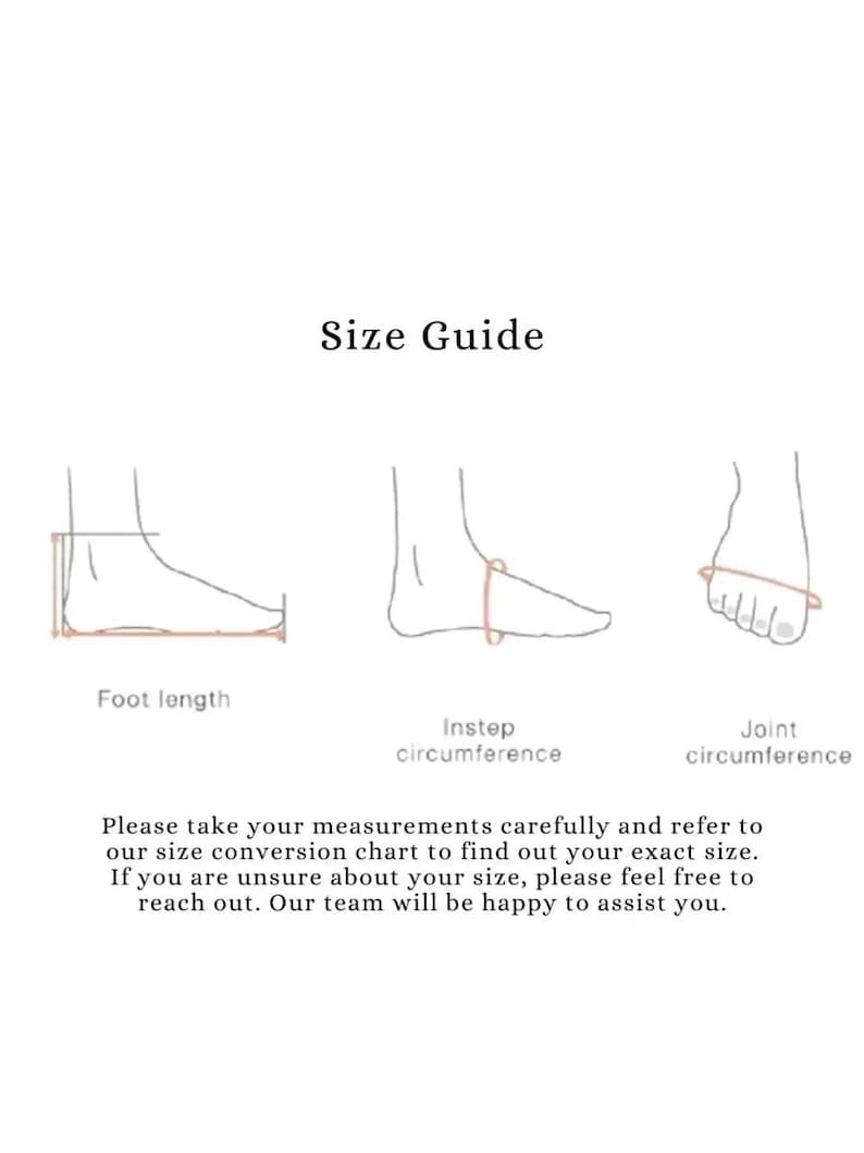 May include: A white graphic with the text "Size Guide" and illustrations of feet with measurement lines. The text below reads, "Please take your measurements carefully and refer to our size conversion chart to find out your exact size."