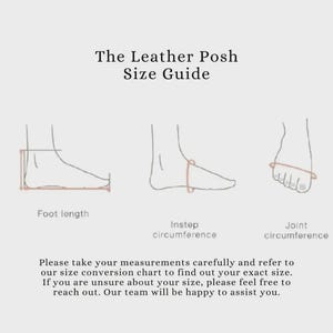 May include: A size guide from The Leather Posh, featuring illustrations for foot length, instep circumference, and joint circumference measurements. Text advises careful measurement and size chart use.