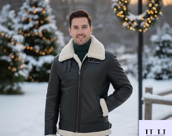 Chaqueta de piel de oveja negra hecha a mano para hombre – Estilo aviador cálido para invierno – Abrigo de piel de oveja de lujo